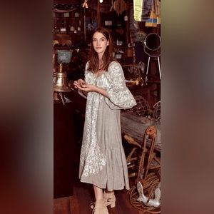 Anthropologie Maeve Tisdale Embroidered Tassel Stripe Dress - Gray